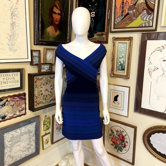 Tadashi Shoji Blue Ombre Wide Neck Pleated Bodycon Stretch Cocktail Dress Size M - Picture 7 of 7